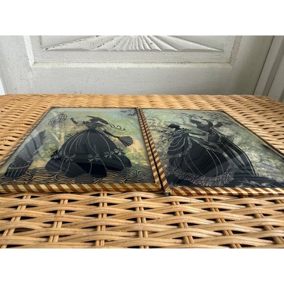 Vintage 40's Pair Reverse Painted Silhouette Pictures Convex Trees Convex Glass - Picture 2 of 11